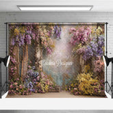 Aperturee - Aperturee Enchanted Forest Wedding Photography Backdrop Rustic Trees with Colorful Flowers Magical Garden Ceremony Prop